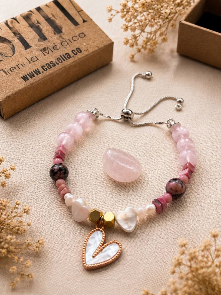 pulsera de cuarzo rosa y rodonita atraer el amor joyeria castelia