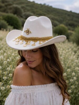 mujer con sombrero gitano blanco monedas castelia