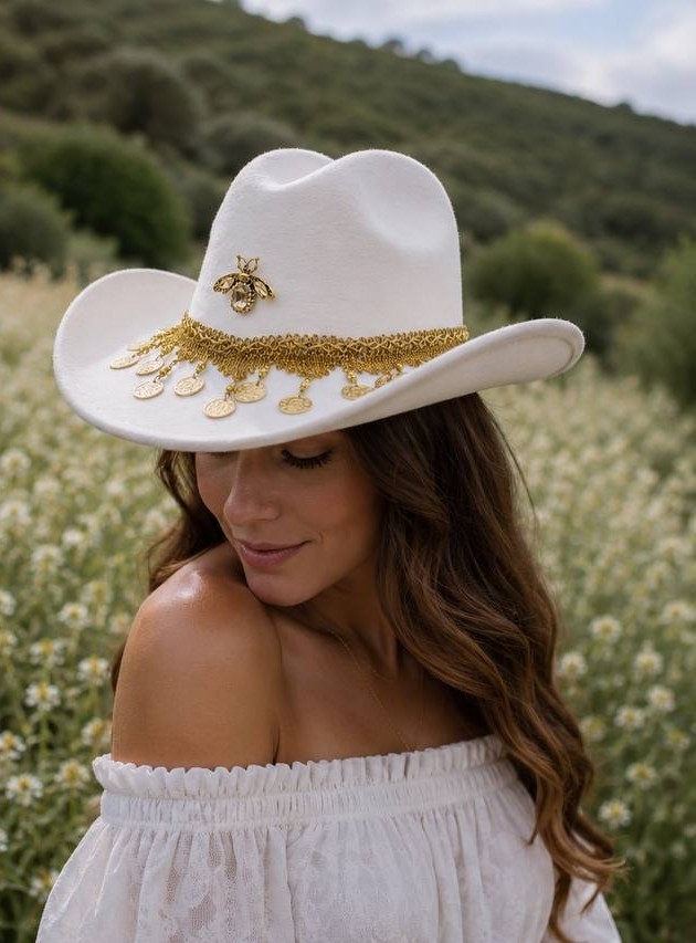 mujer con sombrero gitano blanco monedas castelia